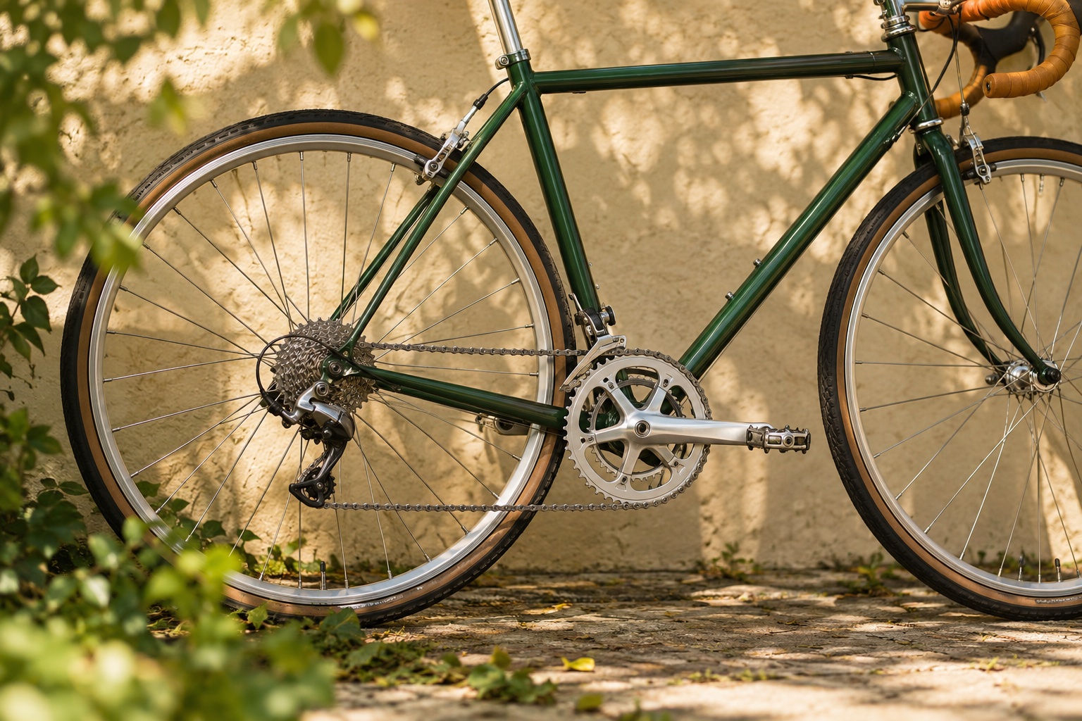 Illustrative close-up of a green bicycle frame, silver drivetrain and wheels in warm sunlight